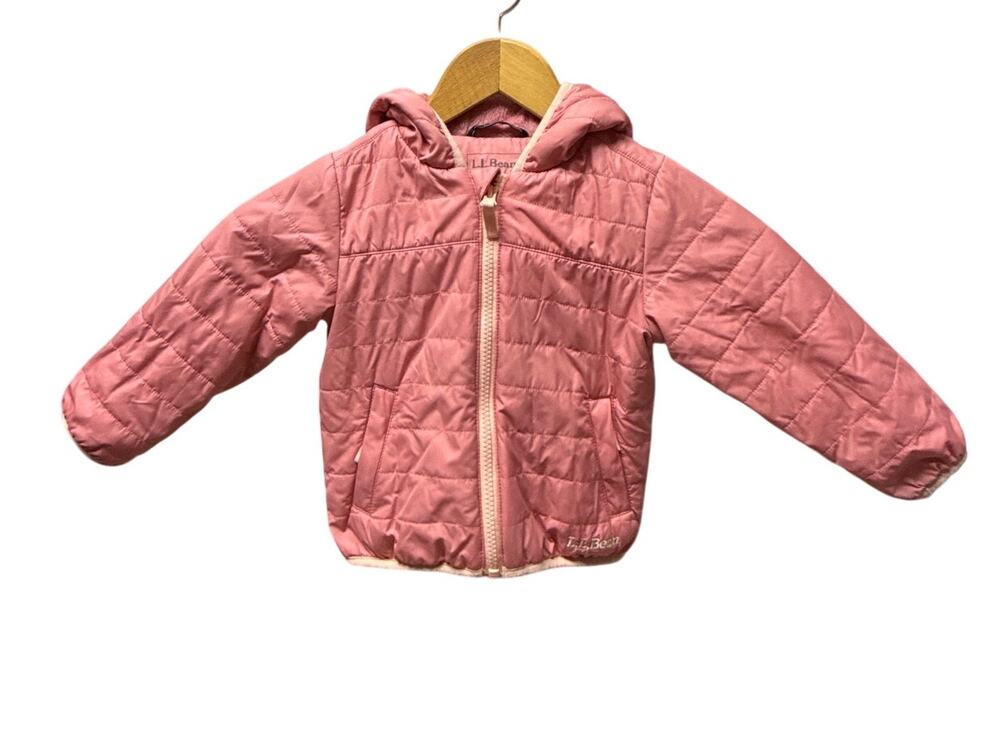L.L.Bean Baby Girls 12-18M Pink Fleece Lined Puffer Jacket Bear Ear Hood Winter
